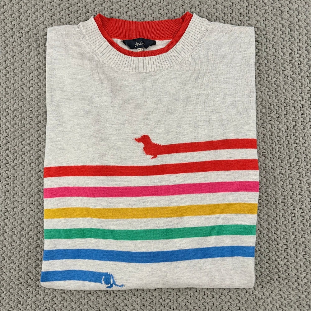 Joules Gray Rainbow Stripe Dachshund Dog Long Sleeve Sweater Womens 8
